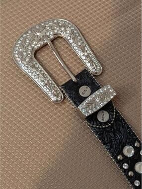 BHW Black Leather Belt with Rhinestone Buckle and Gun-Shaped Decorations